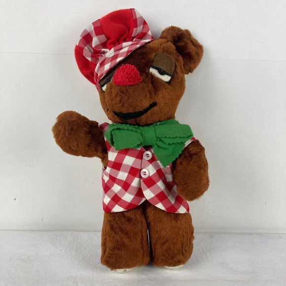 Vintage Plush Stuffed Animal Bear Chef Hat Vest Checkered Plaid 13" - Picture 1 of 8